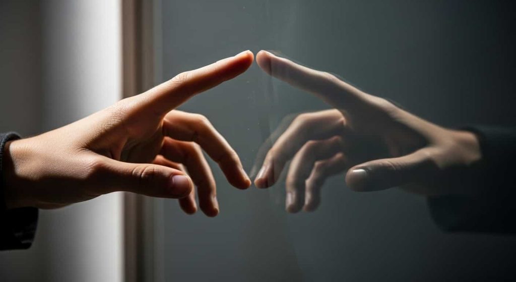 A hand nearly touching its reflection on a mirror, symbolizing the complexity of truth and perception.