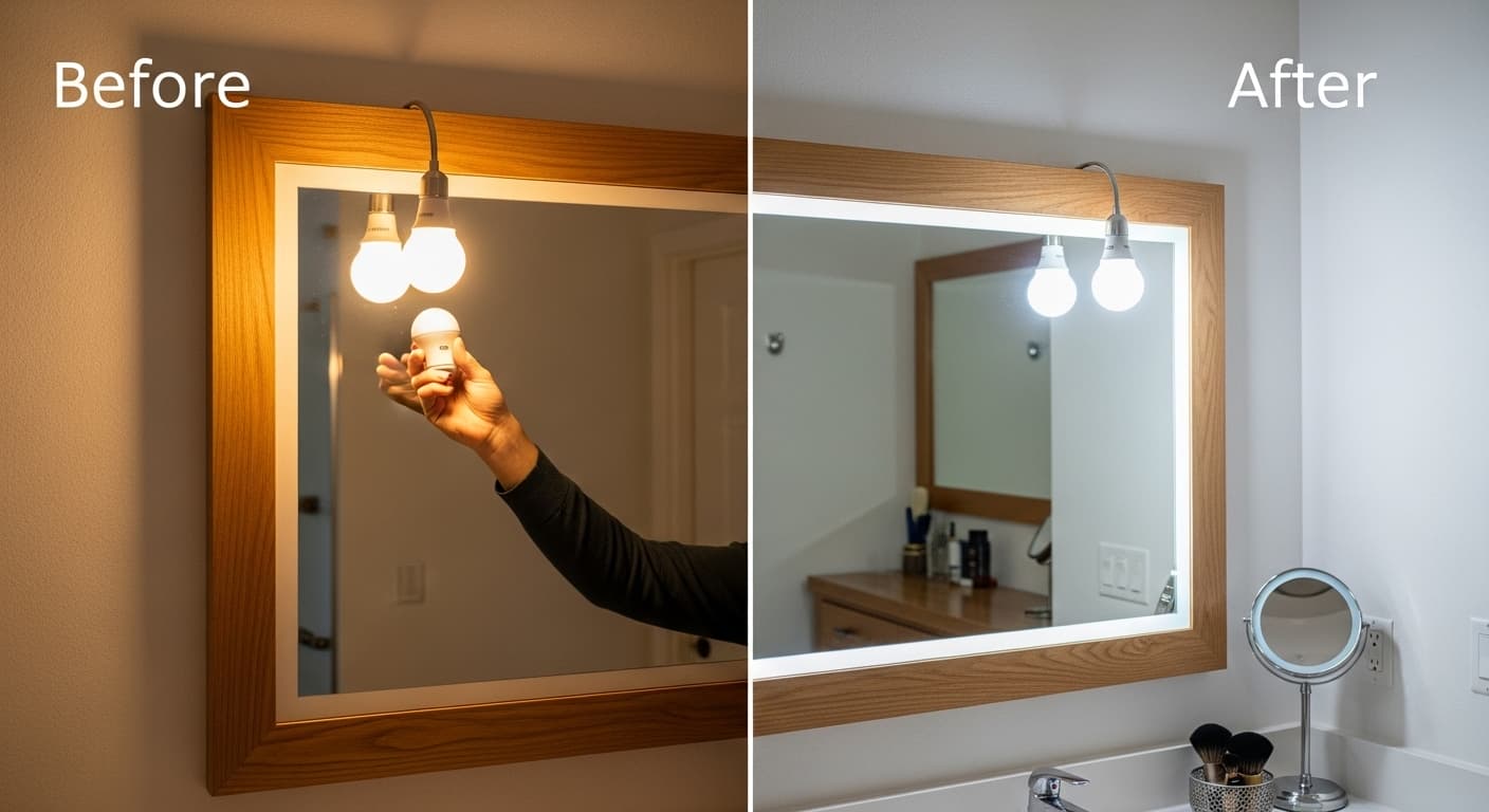 Bathroom mirror light too dim on one side, bright on the other after changing a light bulb