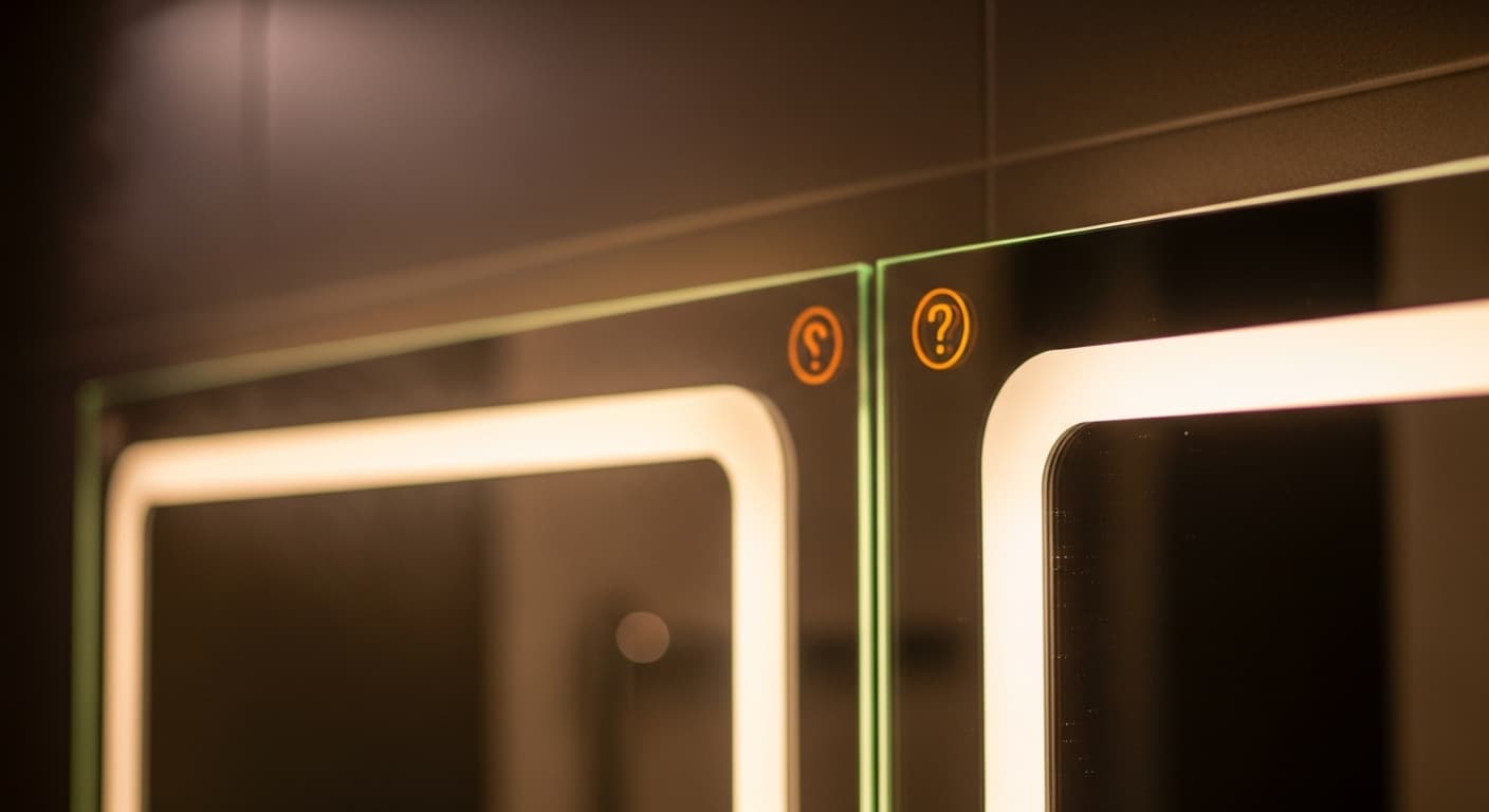 Modern bathroom mirror with LED lights glowing and question mark symbol indicating buzzing noise problem