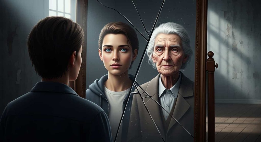 A person looking into a cracked mirror that shows both their younger and older selves, symbolizing mortality and authenticity