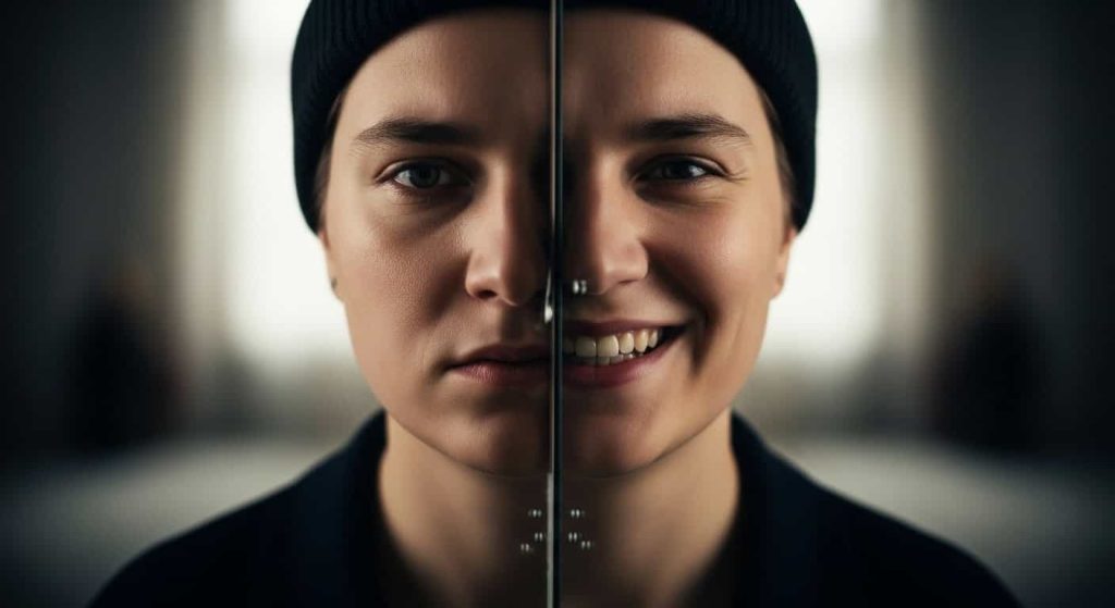A person looks into a mirror showing a reversed and altered reflection, symbolizing the paradox of perception.