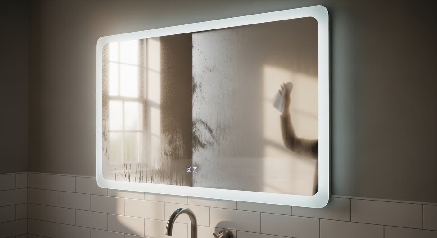 Modern LED anti-fog bathroom mirror half covered in condensation with clear center showing reflection, demonstrating common issue of mirror fogging up after shower