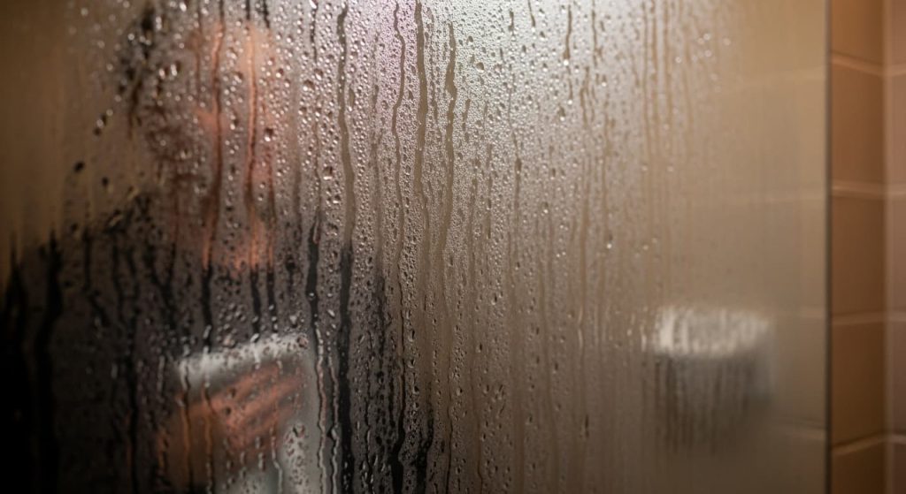 Bathroom mirror completely covered in thick condensation and fog after hot shower, hand with towel visible ready to wipe glass