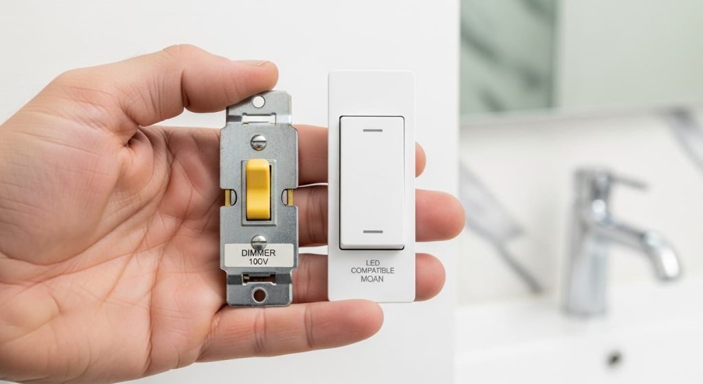 Comparison between old incandescent dimmer switch and modern LED-compatible dimmer switch for bathroom mirror