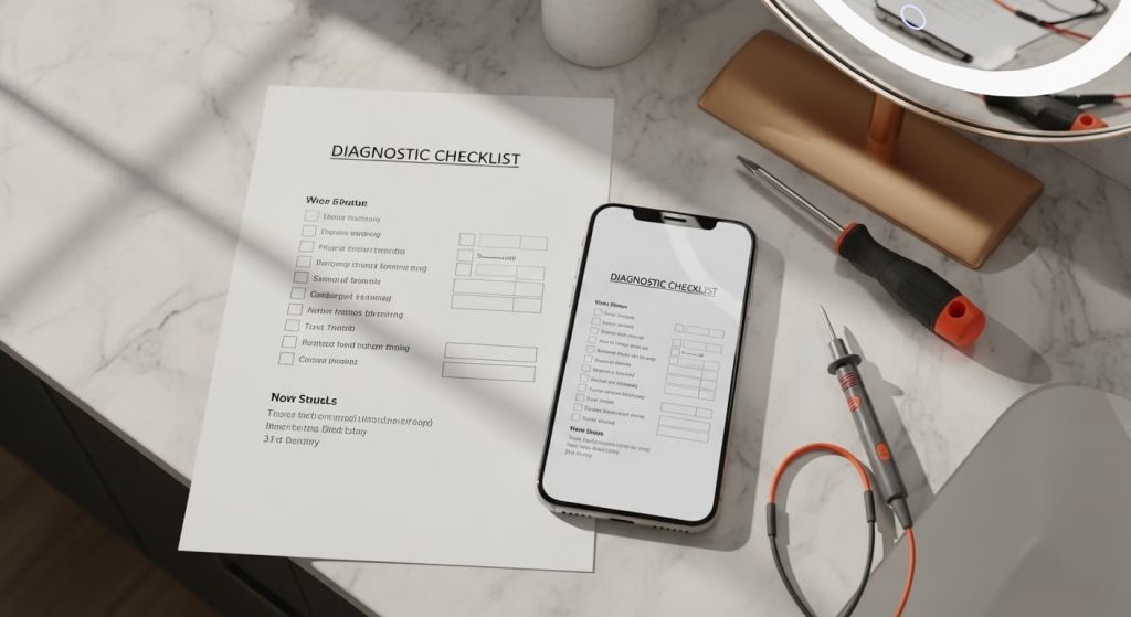 LED mirror flickering diagnostic checklist with tools for troubleshooting bathroom lighting