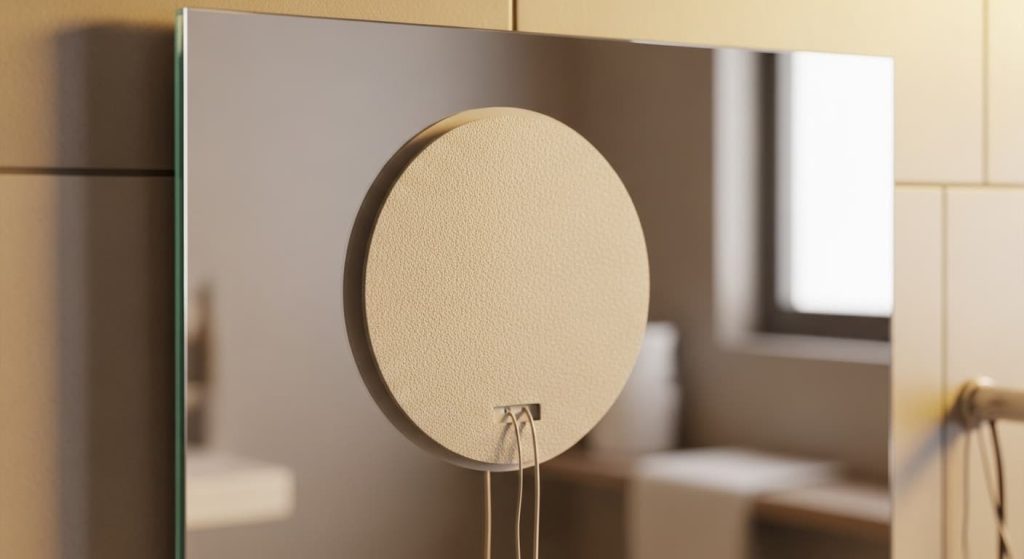 Close-up of demister heating pad attached to back of anti-fog mirror with visible electrical wires before installation