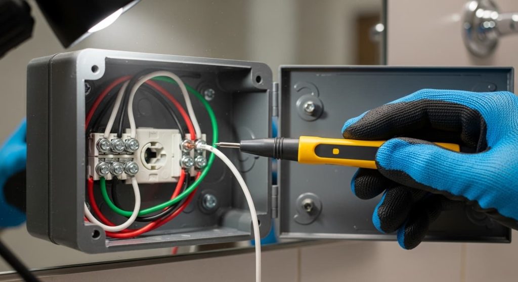 Electrician checking loose wire connections behind flickering LED bathroom mirror with voltage tester