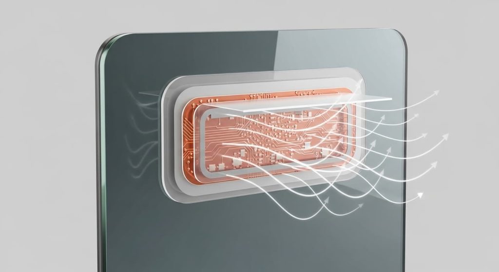 cross section diagram of anti-fog mirror showing heating pad attached to back of glass