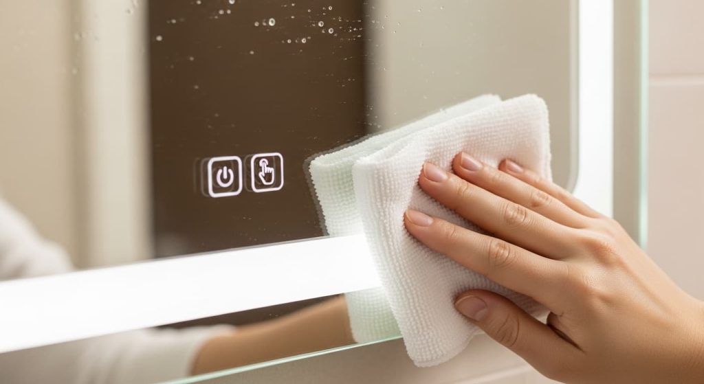 Hand wiping touch sensor area on LED anti-fog mirror with dry microfiber cloth to fix ghost touching from humidity