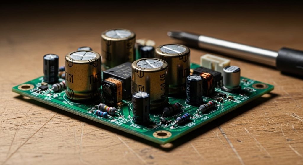 Faulty LED driver circuit board with swollen capacitors causing mirror flickering
