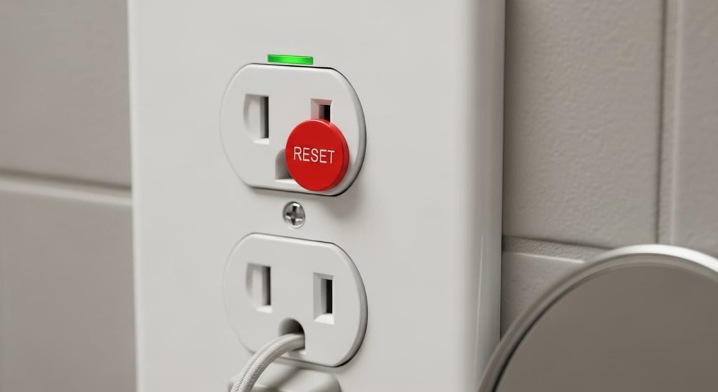 Bathroom GFCI outlet with red reset button popped out, common cause of anti-fog mirror power interruption and shut-off