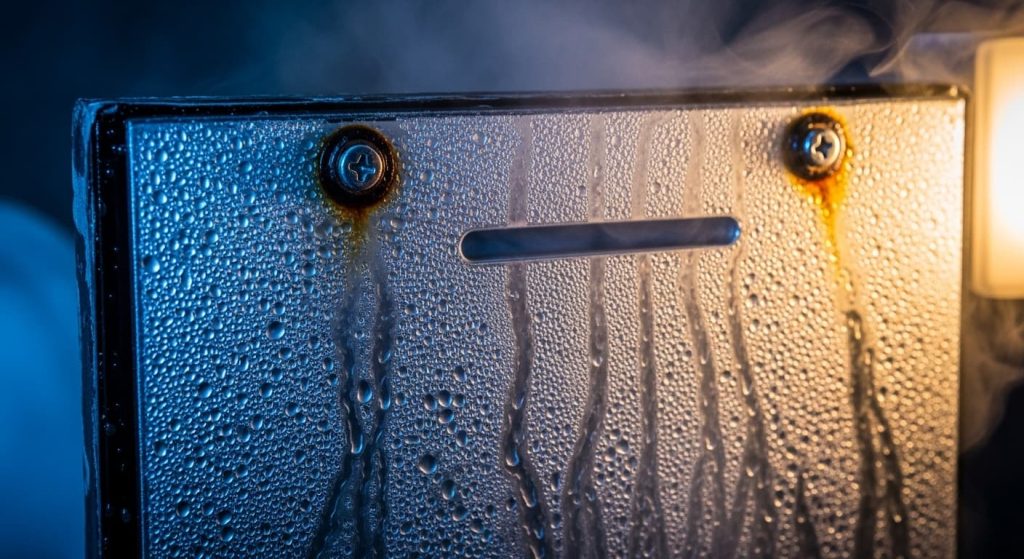 Moisture damage and condensation on back of LED bathroom mirror causing electrical flickering