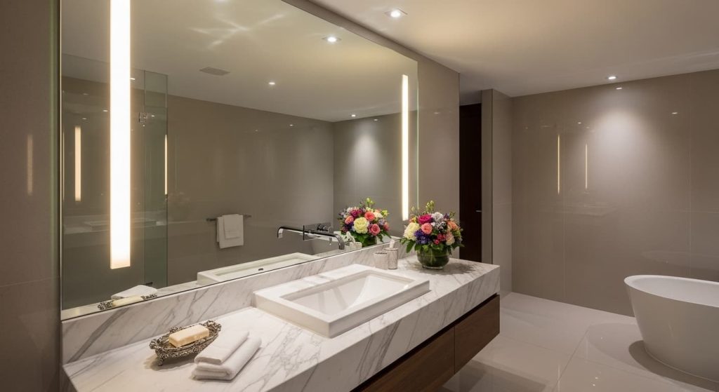 new high quality anti-fog mirror installed in modern luxury bathroom perfectly clear reflection