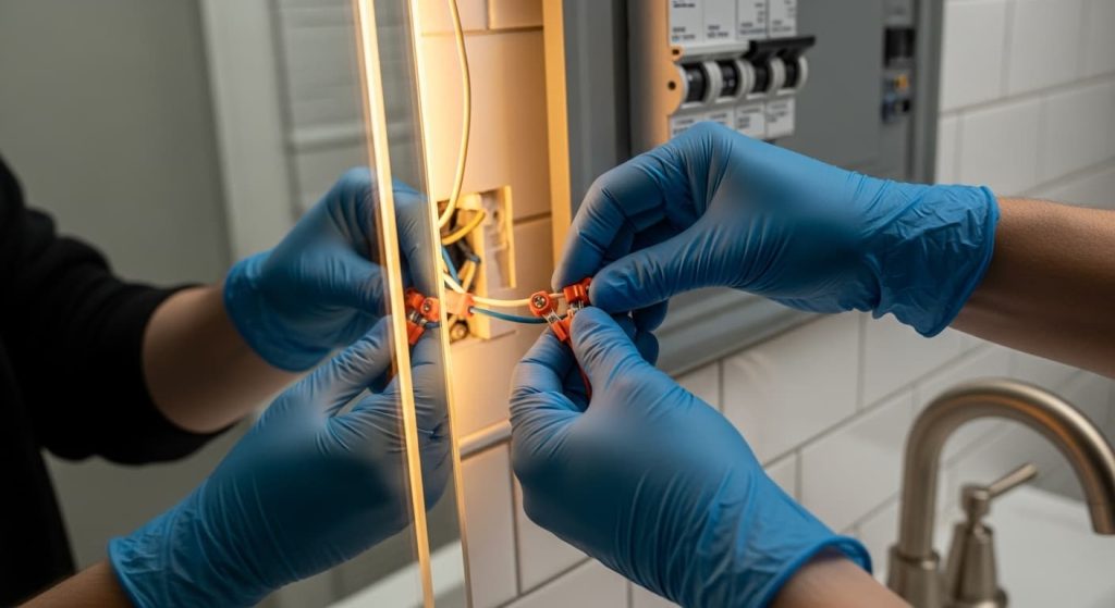 DIY homeowner checking and tightening wire connections behind flickering LED bathroom mirror