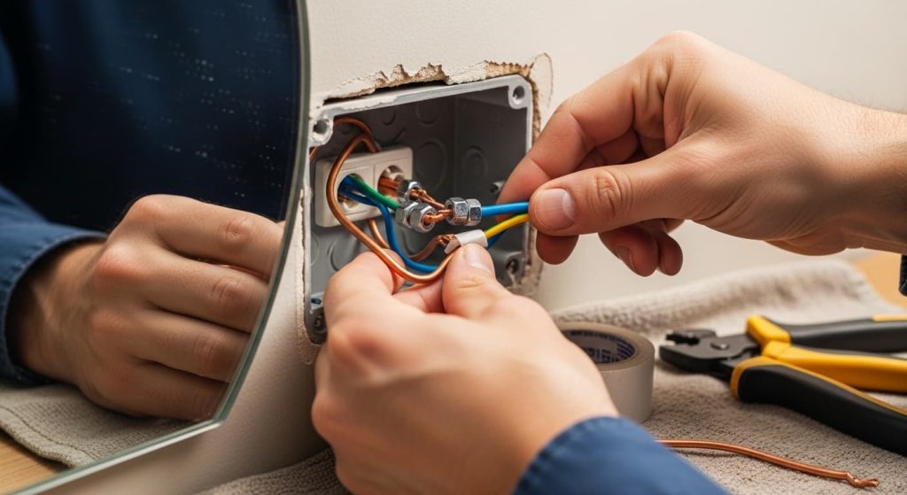 Electrician inspecting loose wiring connections behind hardwired anti-fog mirror to diagnose intermittent power issues