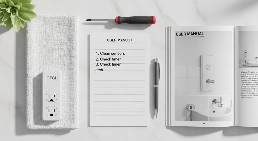 Flat lay troubleshooting checklist for anti-fog mirror with microfiber cloth, user manual, and GFCI tester on marble background