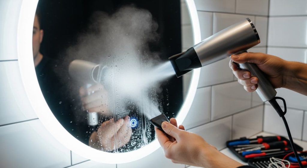 Drying moisture from behind LED bathroom mirror to fix flickering lights after shower