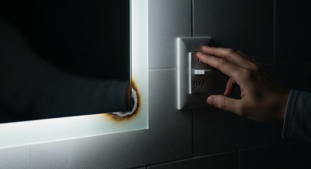 Faint scorch mark on bathroom mirror edge indicating electrical danger, hand reaching for power switch to shut off unit