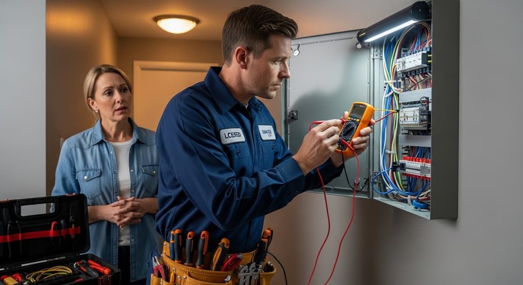 Licensed electrician testing electrical panel for serious flickering issues in bathroom mirror