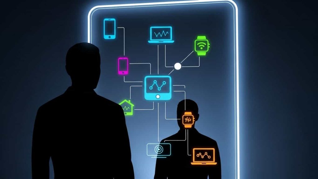 Silhouette user viewing future connected smart mirror.