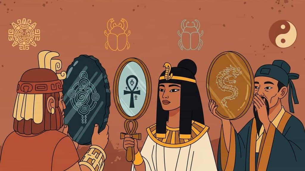 Flat cartoon showing early cultures viewing obsidian and bronze mirrors as mystical or spiritual tools.