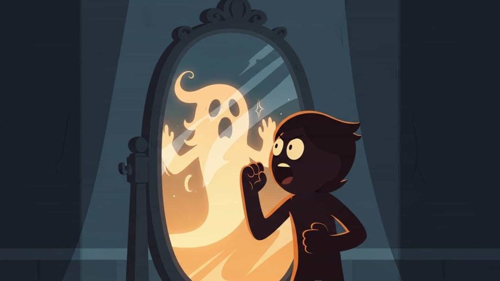 Flat cartoon showing a mirror ritual inspired by Candyman.