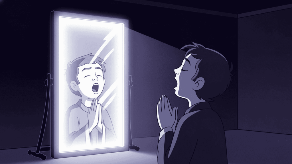 Flat cartoon illustrating the ritual of summoning a spirit by speaking into a mirror, inspired by Candyman.