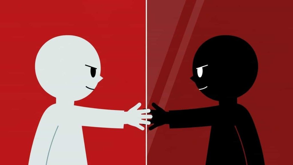 Flat cartoon showing a person confronted by their sinister doppelgänger in a mirror.