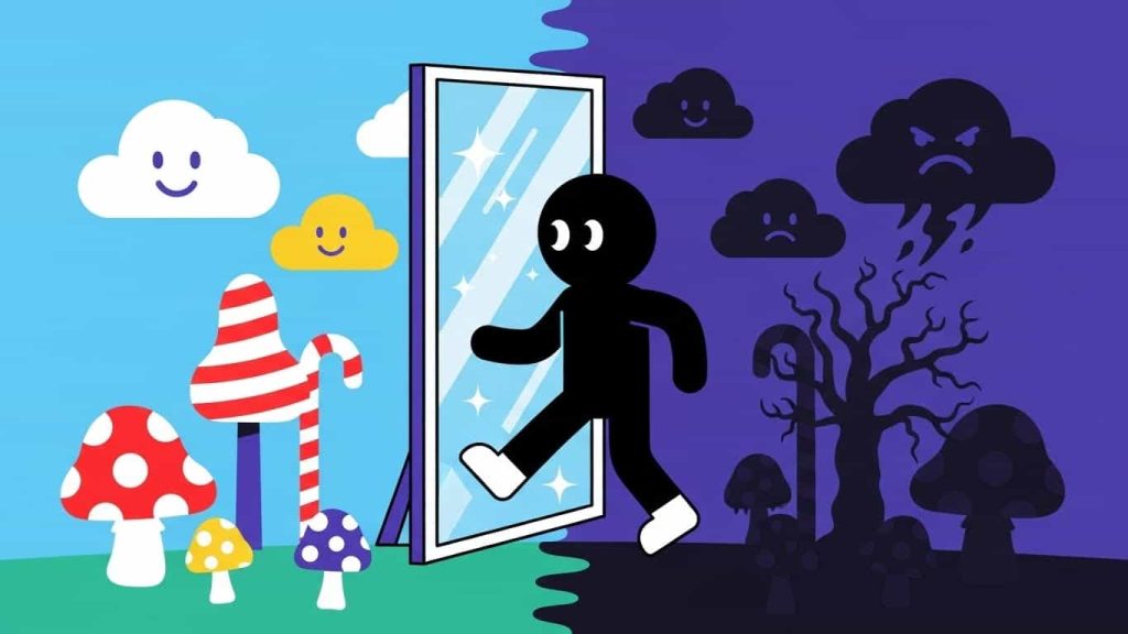 Flat cartoon of a character entering an alternate reality through a magical mirror.