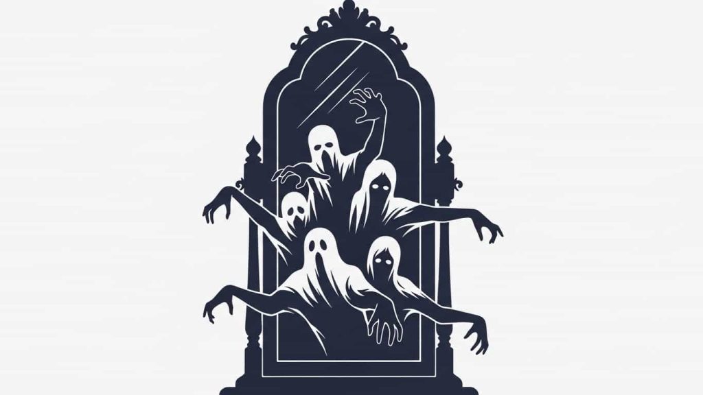 Silhouette haunted mirror with spirit outlines.