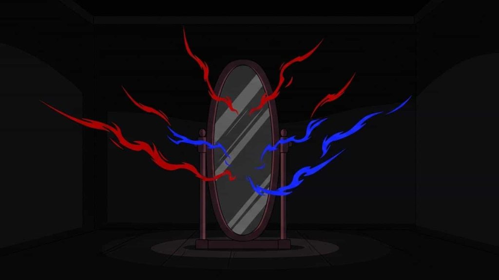 Flat cartoon of a creepy glowing mirror used as a gateway in horror stories.