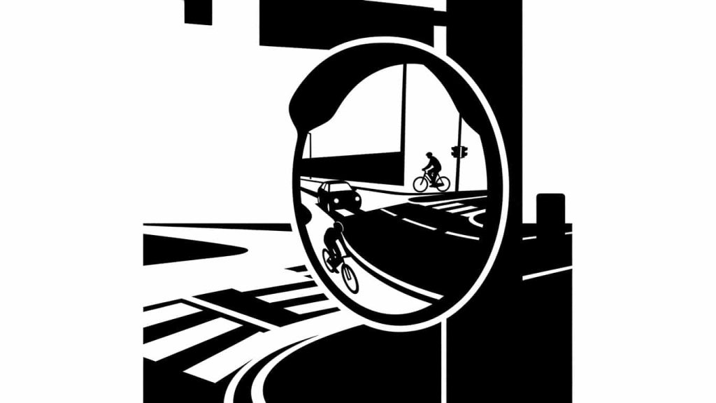 minimal silhouette of convex mirror revealing hidden intersection traffic