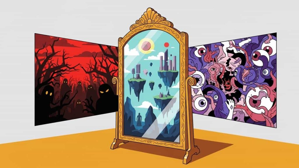 Flat cartoon of a mirror showing multiple supernatural realms beyond the glass.