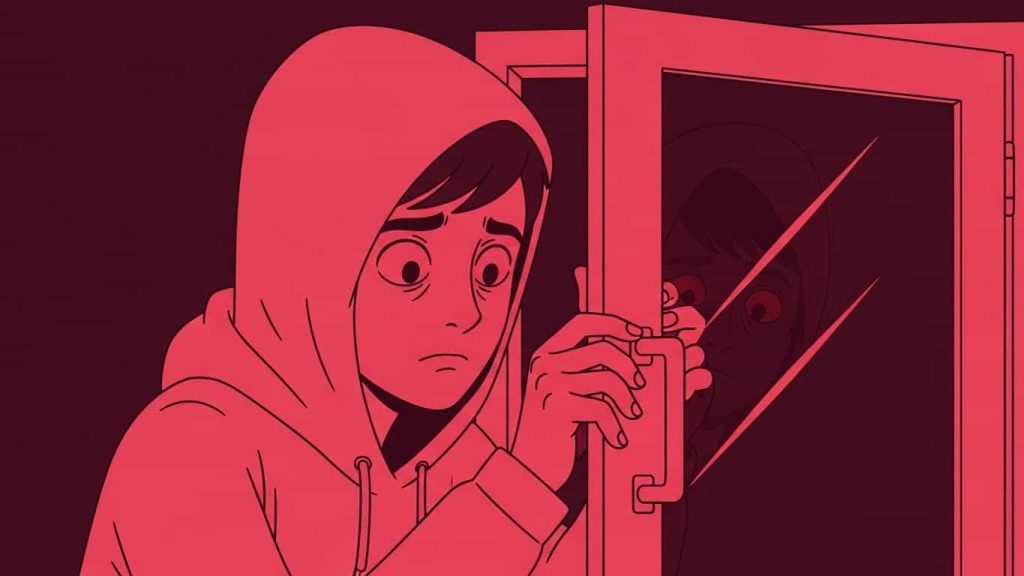 Flat cartoon showing a classic horror moment where a mirrored cabinet opens and closes to reveal possible danger.