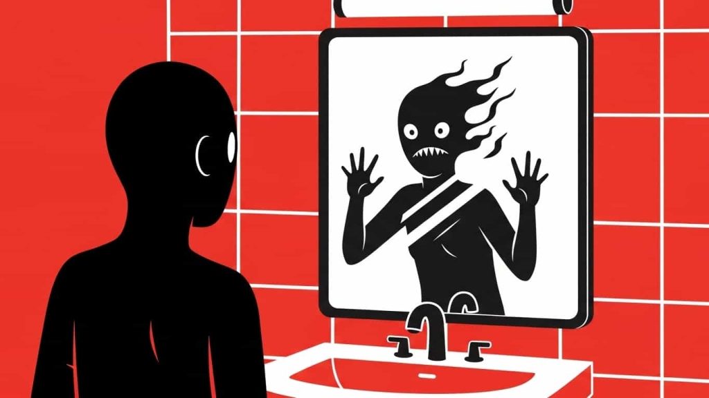 Flat cartoon of a mirror reflection acting separately from reality, referencing the film Mirrors.