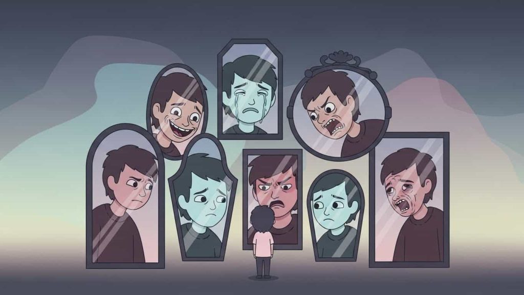 Flat cartoon showing mirrors reflecting alternate identities, representing modern horror’s focus on reality and identity.