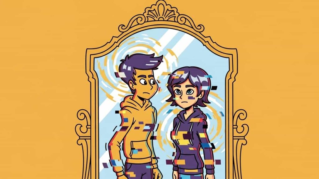 Flat cartoon of an antique mirror creating false distorted realities, inspired by Oculus.