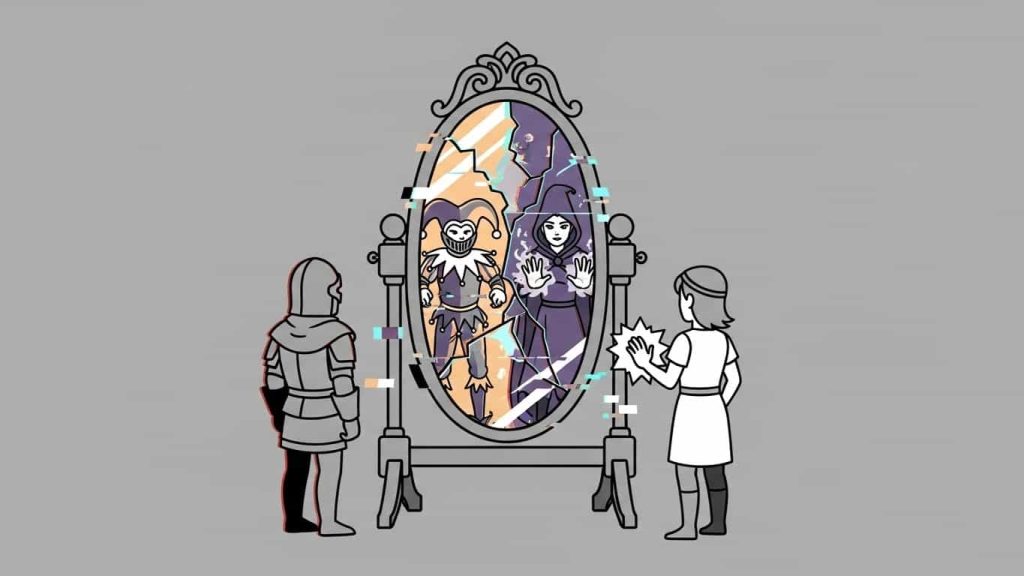 Flat cartoon of an antique mirror manipulating reality and creating unreliable reflections.