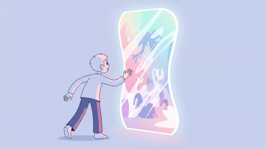 Flat cartoon of a mirror acting as a portal to another world, inspired by Orpheus.