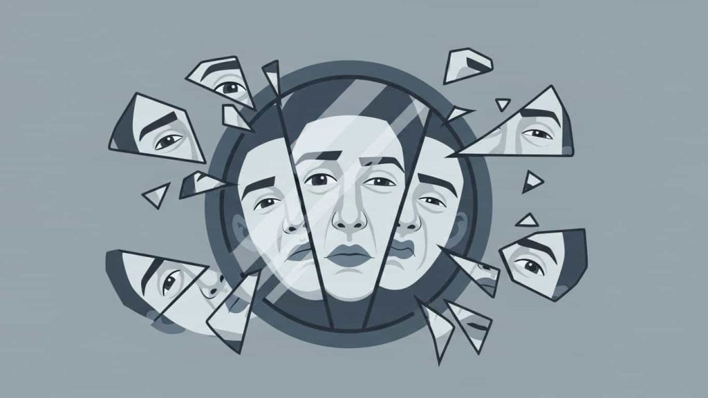 Flat cartoon illustrating a mirror with fractured reflections representing psychological horror themes.