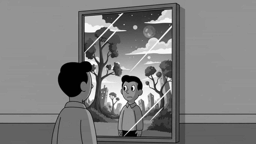 Flat cartoon illustrating psychological tension created by a mirror revealing another world.
