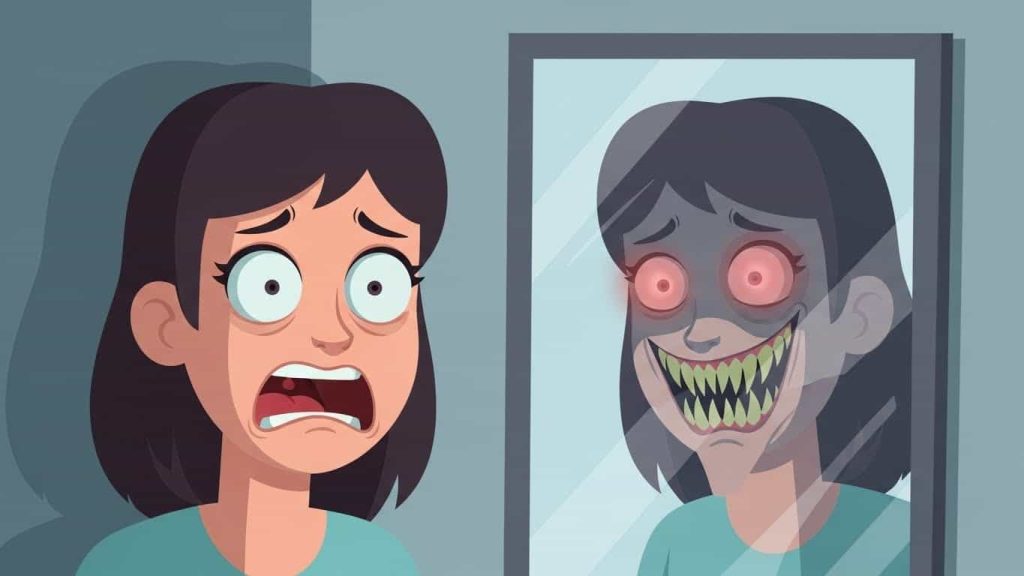 Flat cartoon showing distorted and threatening reflections symbolizing the protagonist’s deteriorating mental state.