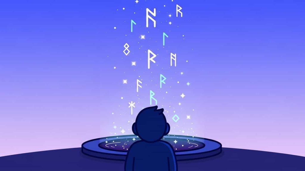 Flat cartoon of a person performing mirror scrying with mystical symbols forming in the reflection.