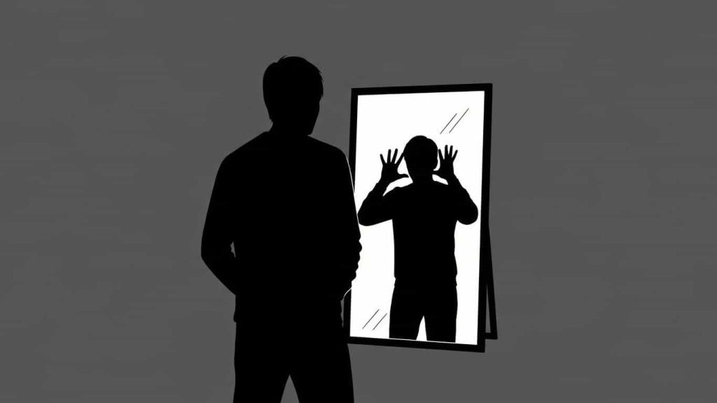 Silhouette person startled by mismatched mirror reflection.