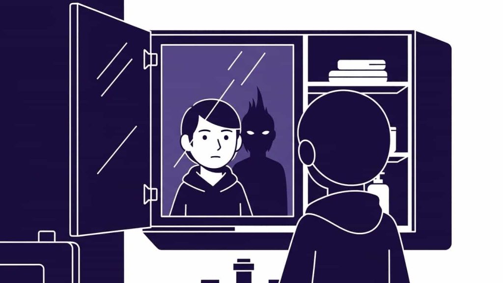 Flat cartoon of a tense medicine-cabinet mirror jump-scare moment.