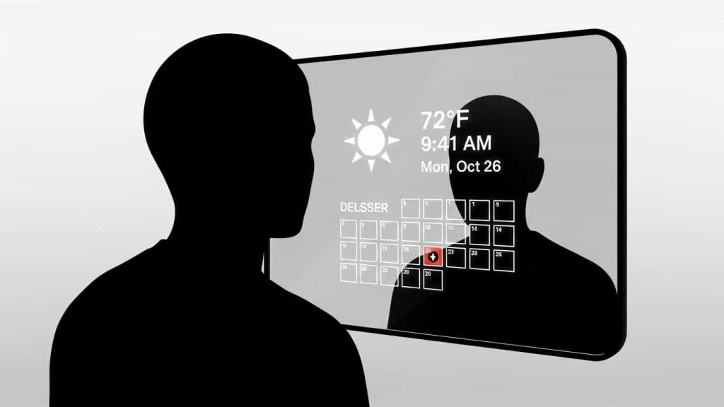 Silhouette bathroom smart mirror with daily info.