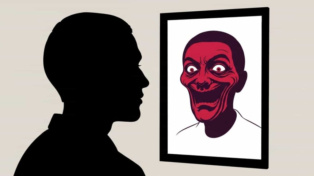 Silhouette person with warped reflection.