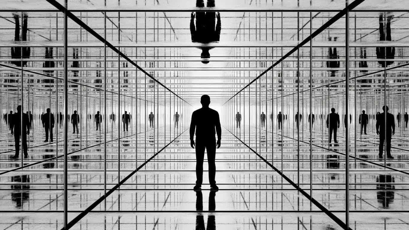 person inside infinite reflections corridor created by mirror panels