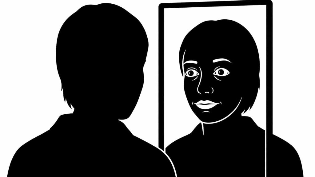 Silhouette person with uncanny near-twin reflection.