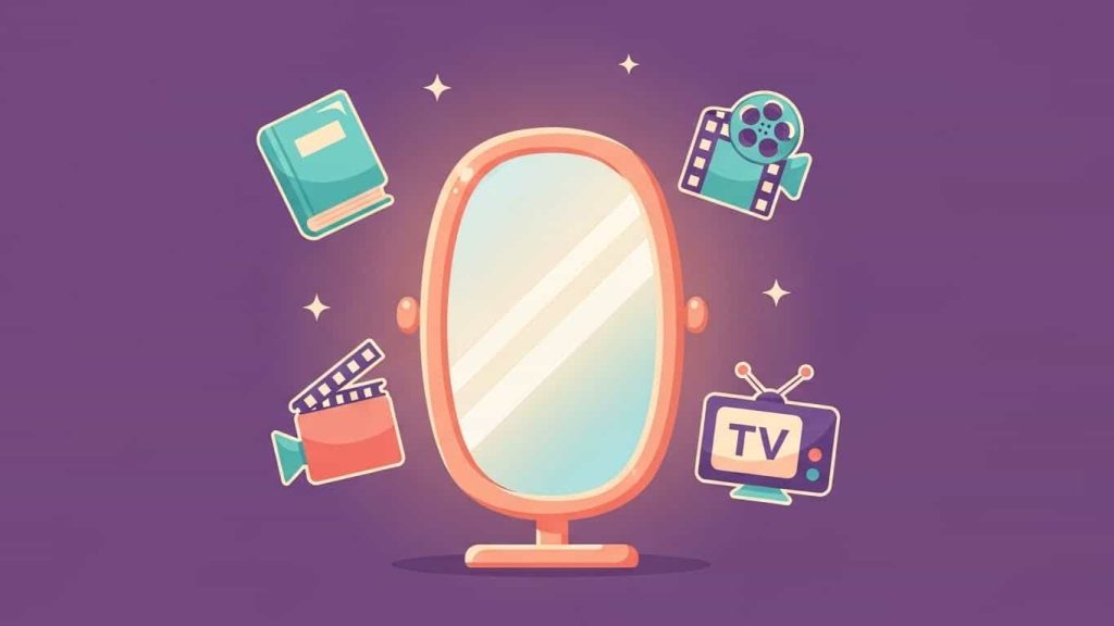 Flat cartoon showing a glowing mirror surrounded by icons of popular culture media.